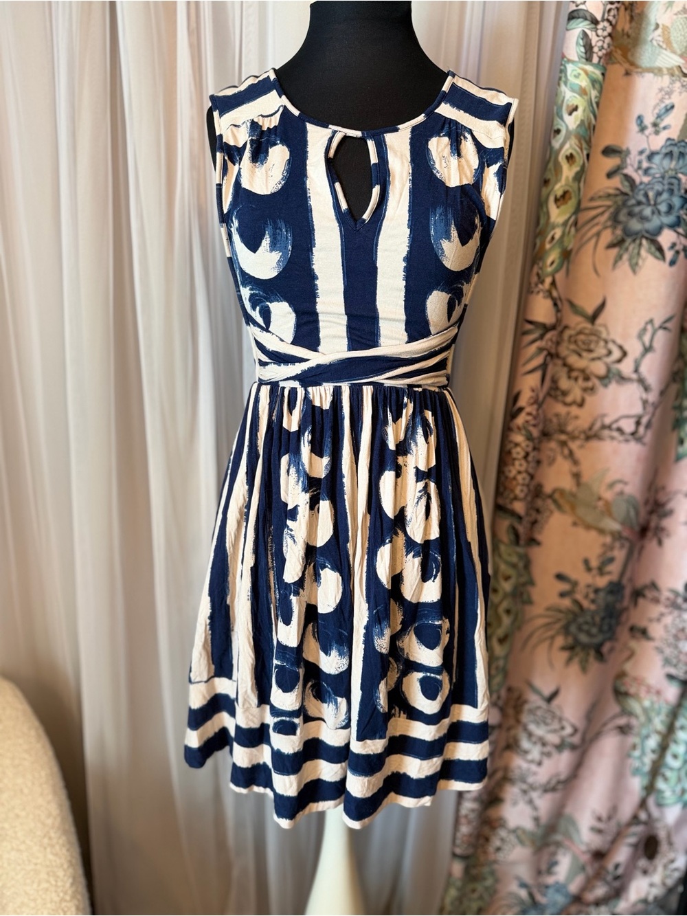 Anthropologie Maeve Sennebec Fit & Flare Dress Navy White XS GUC